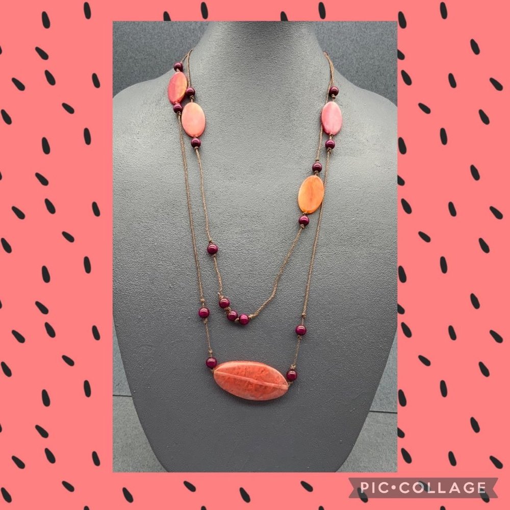 Salmon Purple BoHo Necklace Long String Transluscent Round